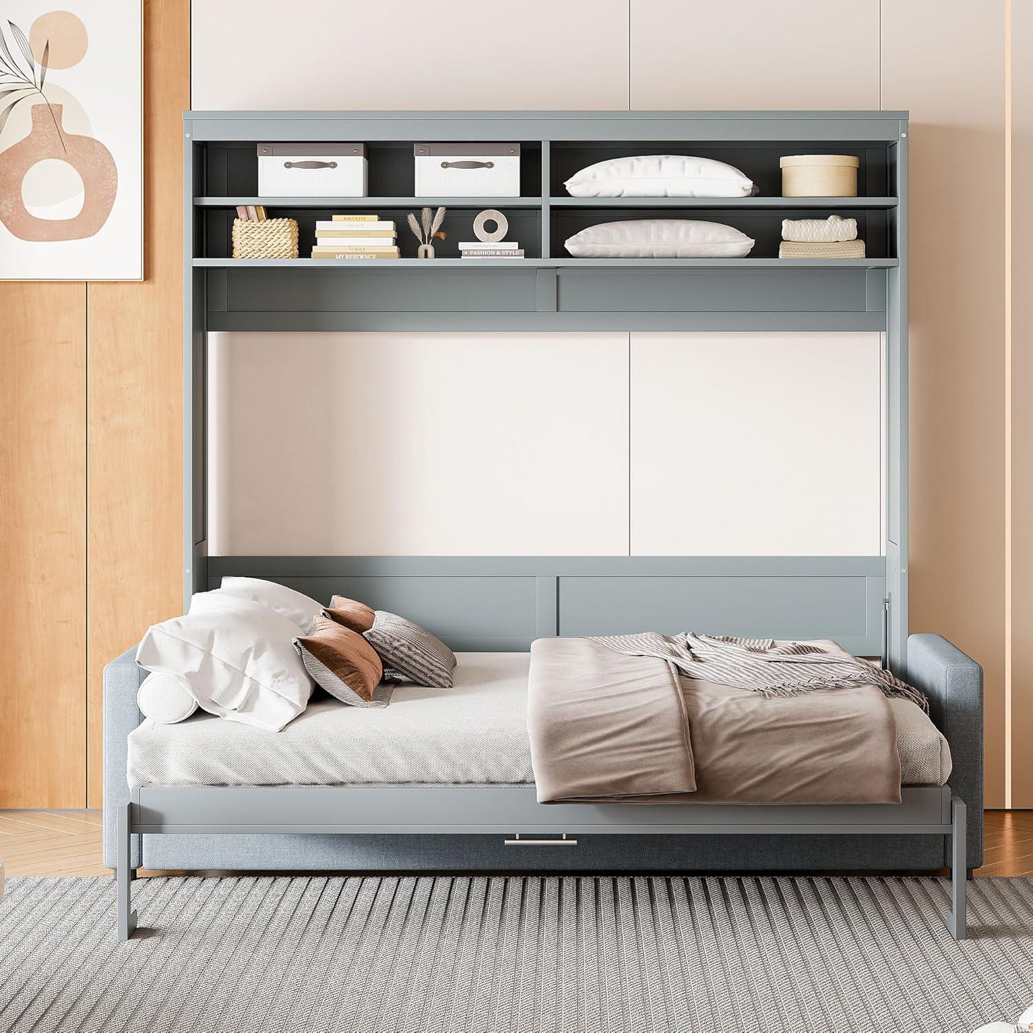Harper & Bright Designs Queen Size Murphy Bed with Cushion and Storage Shelves, Wood Queen Platform Bed with Sofa, Wall Bed, Hidden Foldable Bed Frame for Home Office or Small Room,Gray