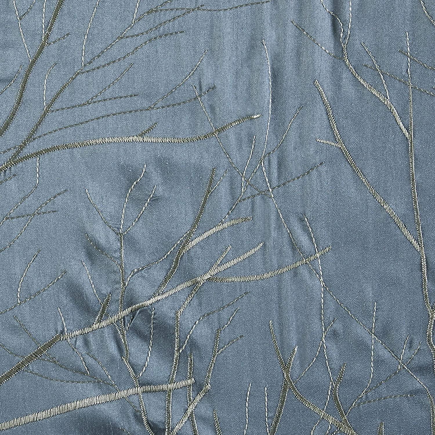 Blue Faux Silk Embroidered Puddle Length Curtain Panel