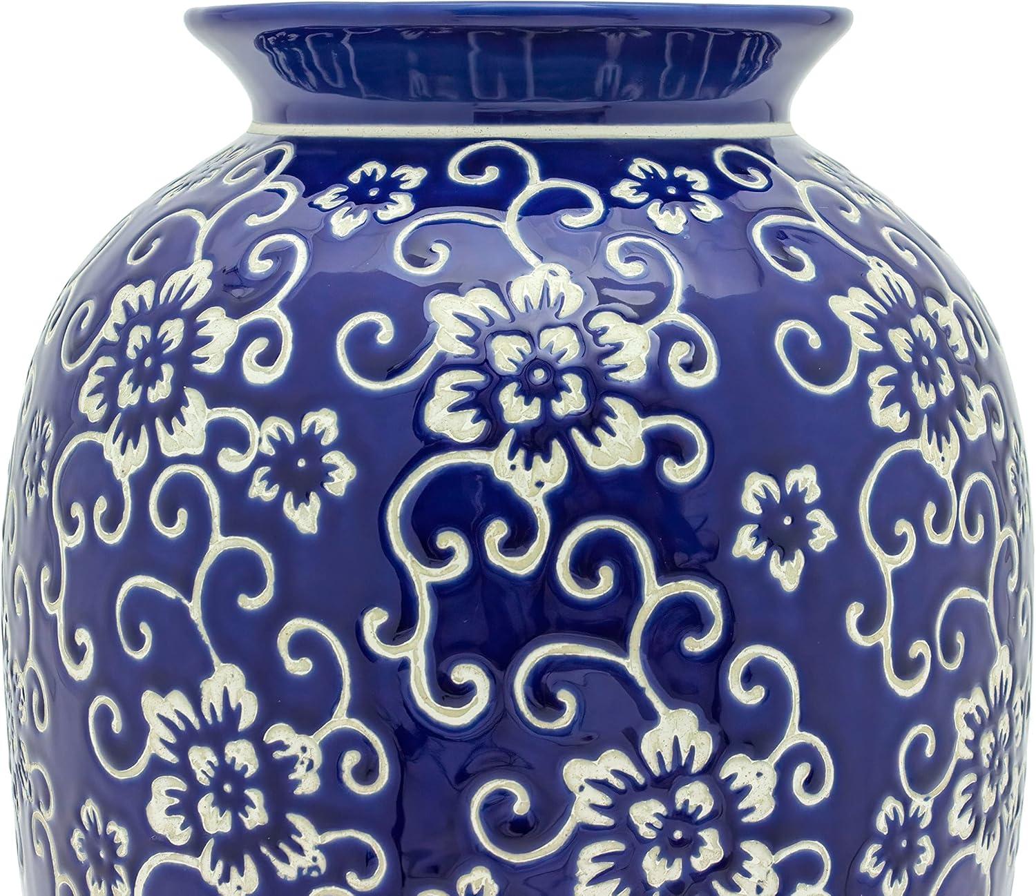 14" White Flowers on Blue Tung Chi Vase
