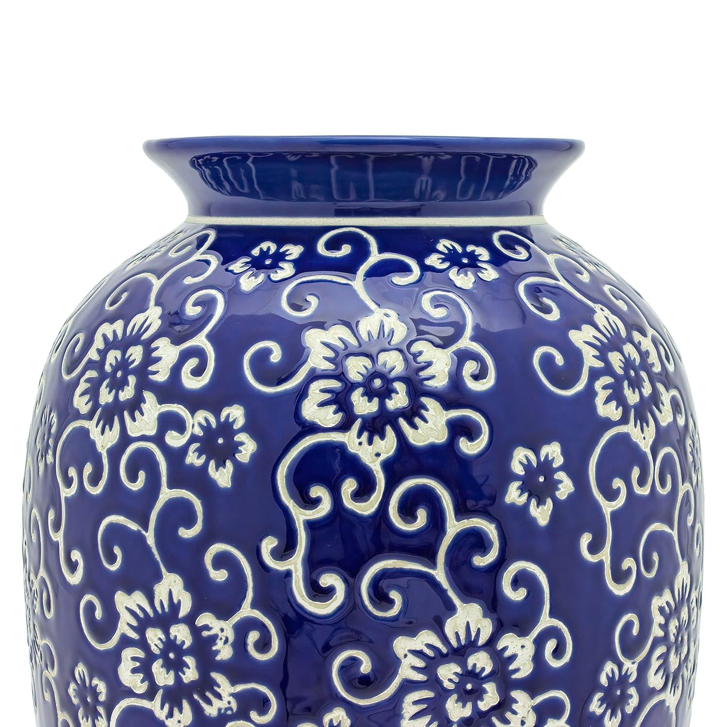 14" White Flowers on Blue Tung Chi Vase