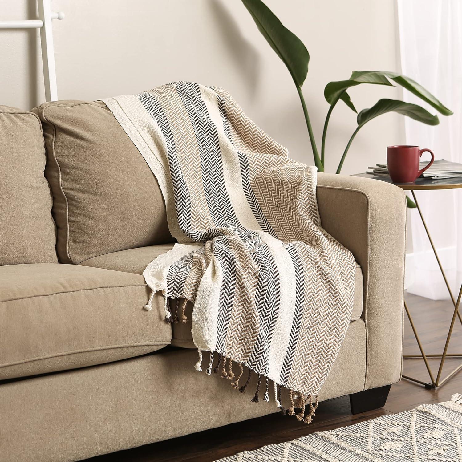 50"x60" Beige and Brown Herringbone Throw Blanket