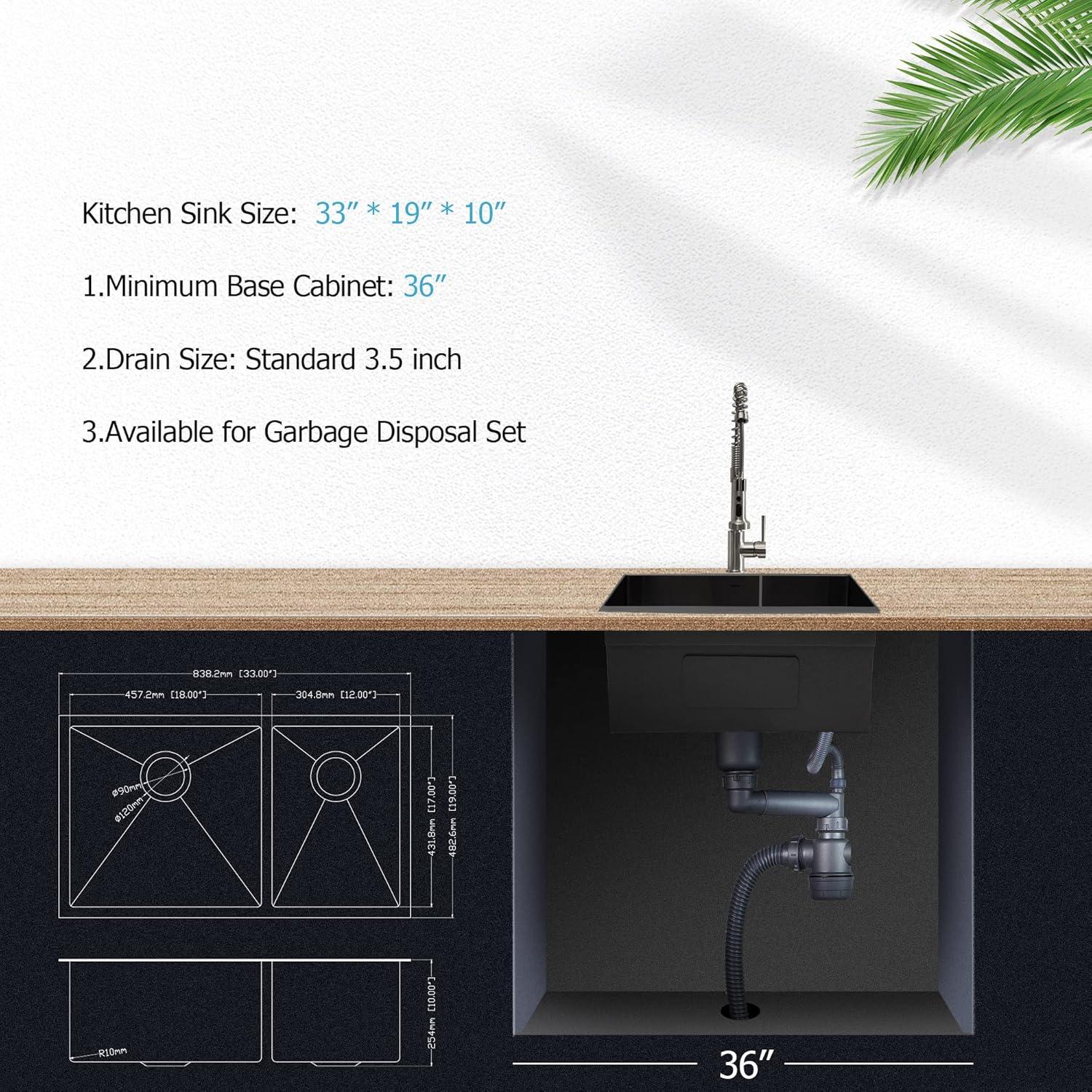 Double Bowl (60/40) Undermount Sink, 33"x19" Gunmetal Black Double Bowl Kitchen Sink 16 Gauge with Two 10" Deep Basin, X Grooves Engineered for Easy Draining