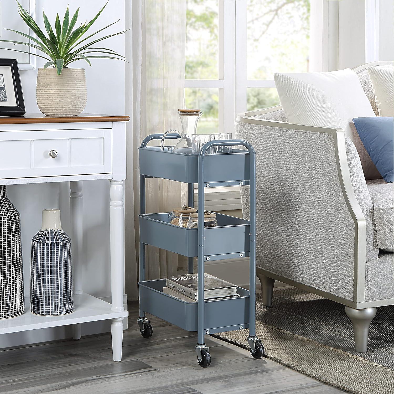 Blue Metal 3-Tier Rolling Storage Cart with Caster Wheels