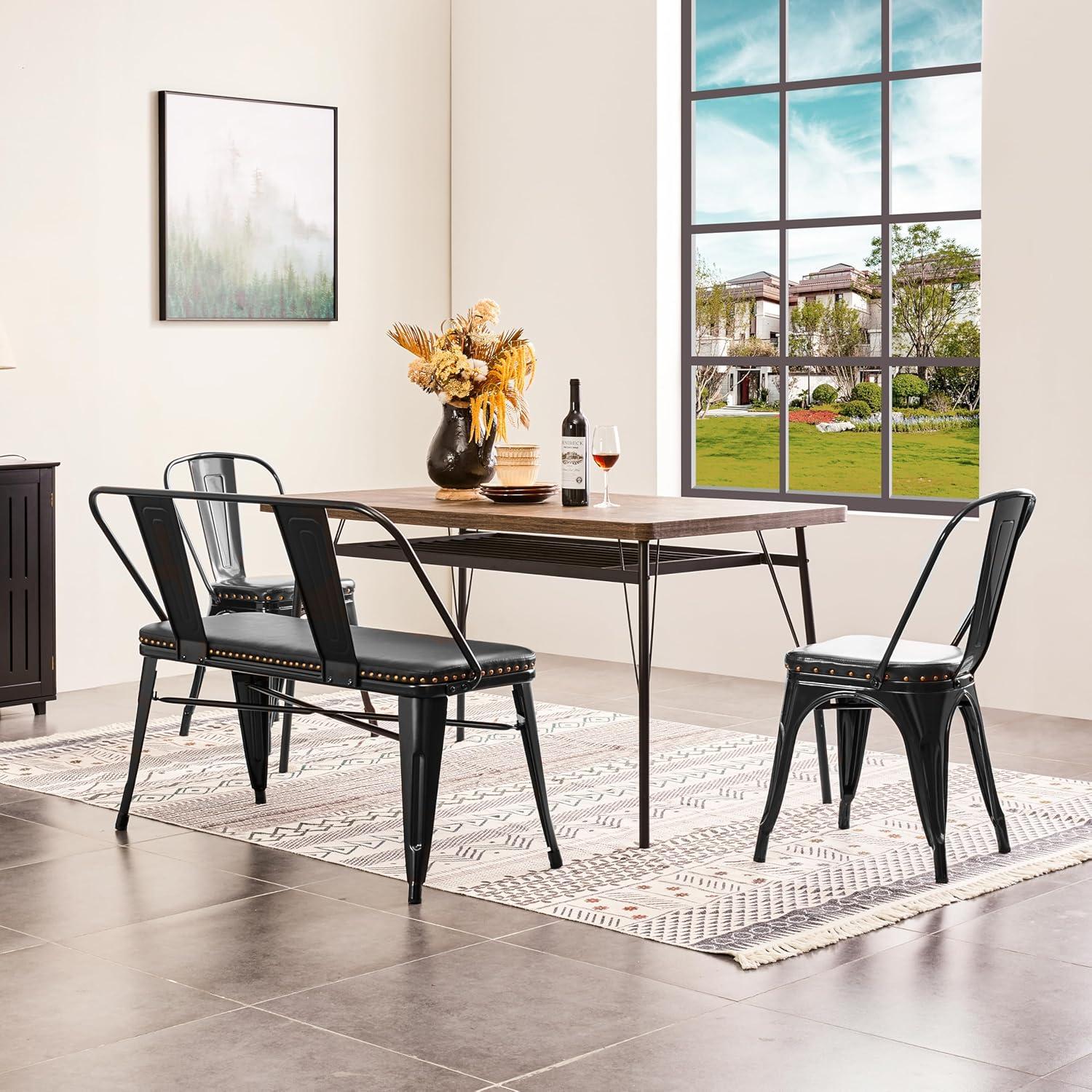 Yaheetech Industrial Metal Dining Bench with Upholstered Seat, Black