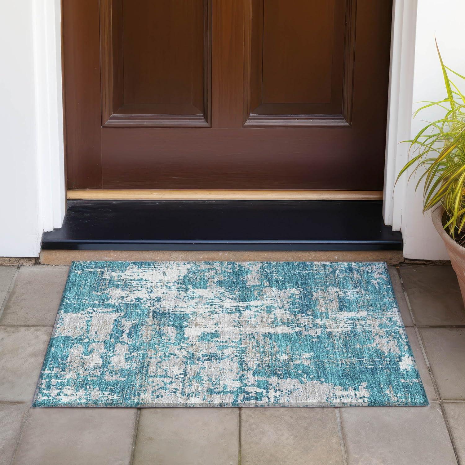 Teal Abstract Flat Woven Washable Indoor Outdoor Rug