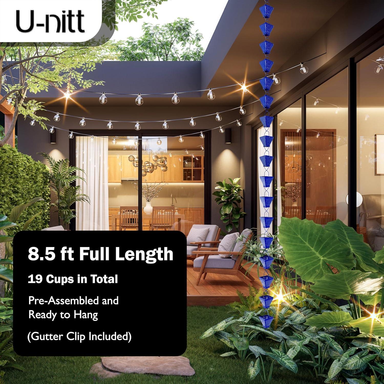 U-nitt Rain Chains, Roof Gutter Downspout Channel, Rainwater Catcher/Diverter, 8.5 FT, Metal, Blue Powder Coated, Texture Square, Modern, 5517BLU