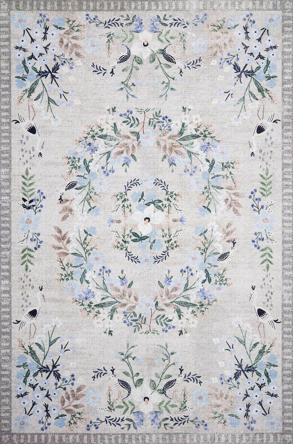 Stone and Grey Floral Synthetic 5' x 7' Area Rug