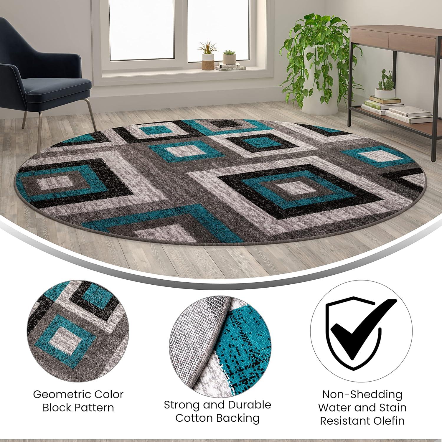 Gideon Collection Geometric 8' x 8' Turquoise, Grey, and White Round Olefin Area Rug with Cotton Backing, Living Room, Bedroom