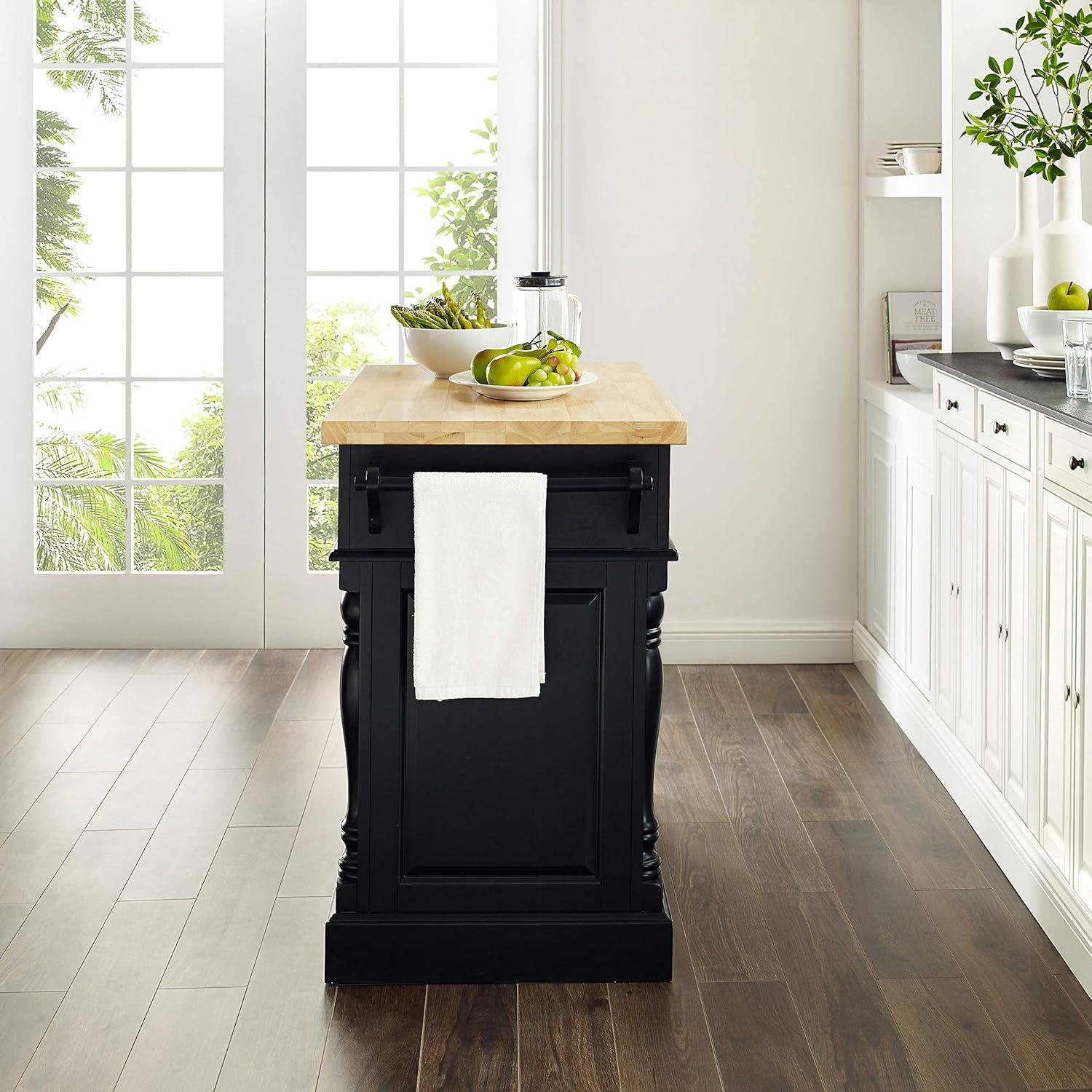 Oxford Butcher Block Kitchen Island Black - Crosley: Rolling Cart with Storage, Adjustable Shelves, Towel Bar
