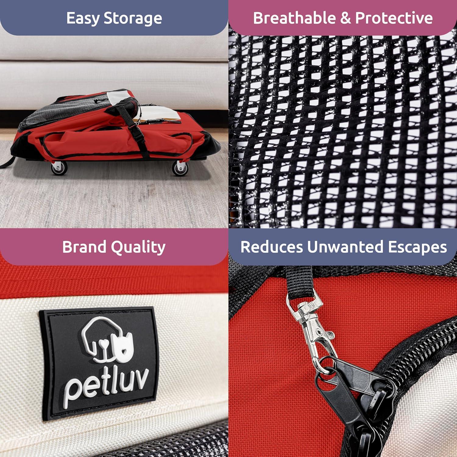 PetLuv Cat & Dog Carrier Foldable Pet Travel Crate, Removable Plush Pillow, Privacy Windows, Locking Zippers, Pocket, Seatbelt Straps, Medium Red