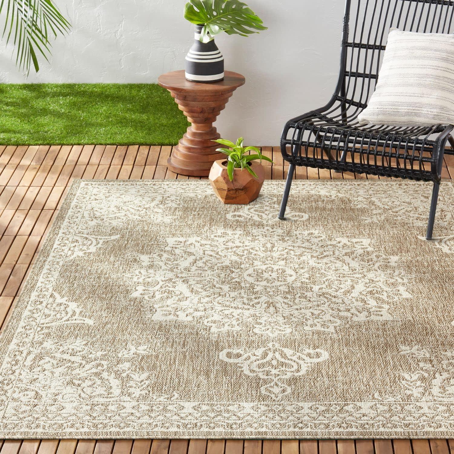 Nicole Miller New York Patio Country Azalea Medallion Indoor/Outdoor Area Rug, Taupe/Ivory