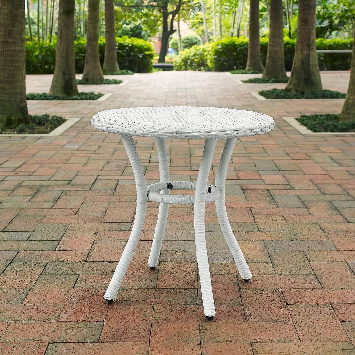 Crosley Palm Harbor Outdoor Wicker Round Side Table in White: UV-Resistant, Powder-Coated Steel Frame