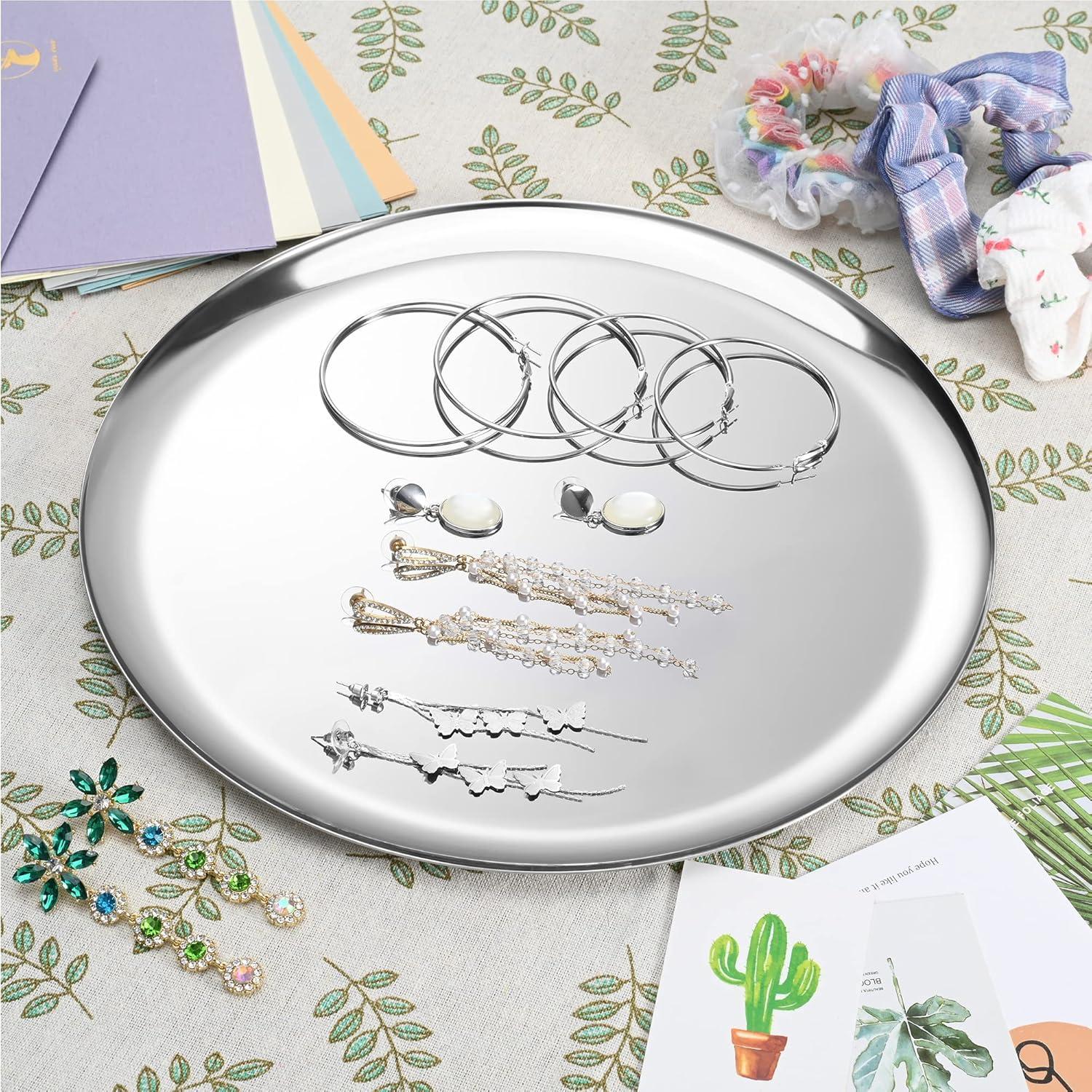 Large Mirror-Polished Stainless Steel Round Tray – Multi-Purpose Decorative Storage for Jewelry, Cosmetics & Essentials – 11.02" Silver Organizer for Bathroom,Bedroom,Coffee Table & Living Room