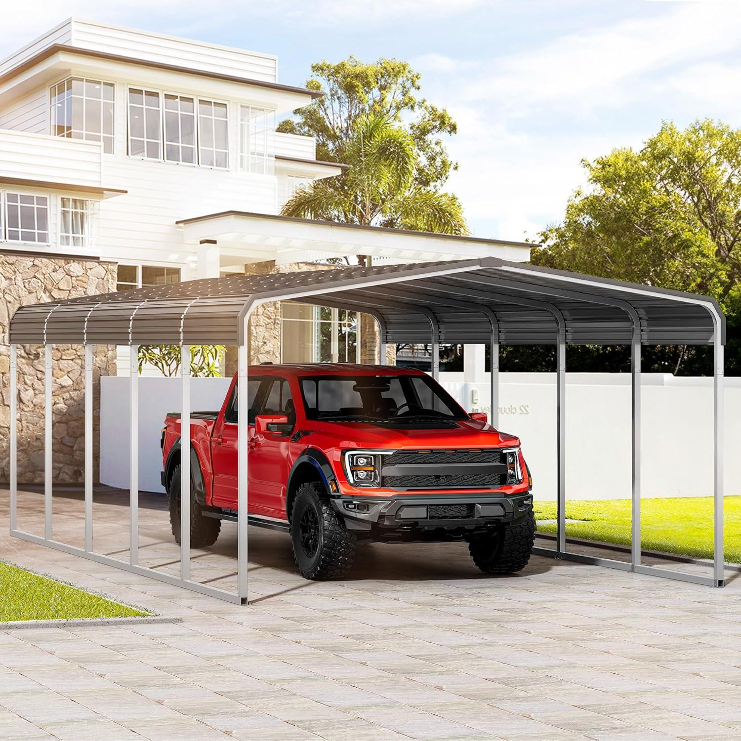 Tolead 12' x 20' Outdoor Metal Carport, Heavy Duty Galvanized Steel Car Canopy for Truck, SUV, Boat, Grey