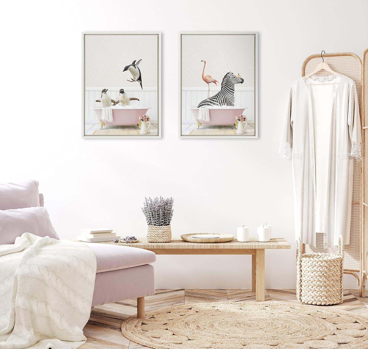 Kate and Laurel Sylvie Zebra and Flamingo in Cottage Rose Bath Framed Canvas by Amy Peterson Art Studio, 18x24, White