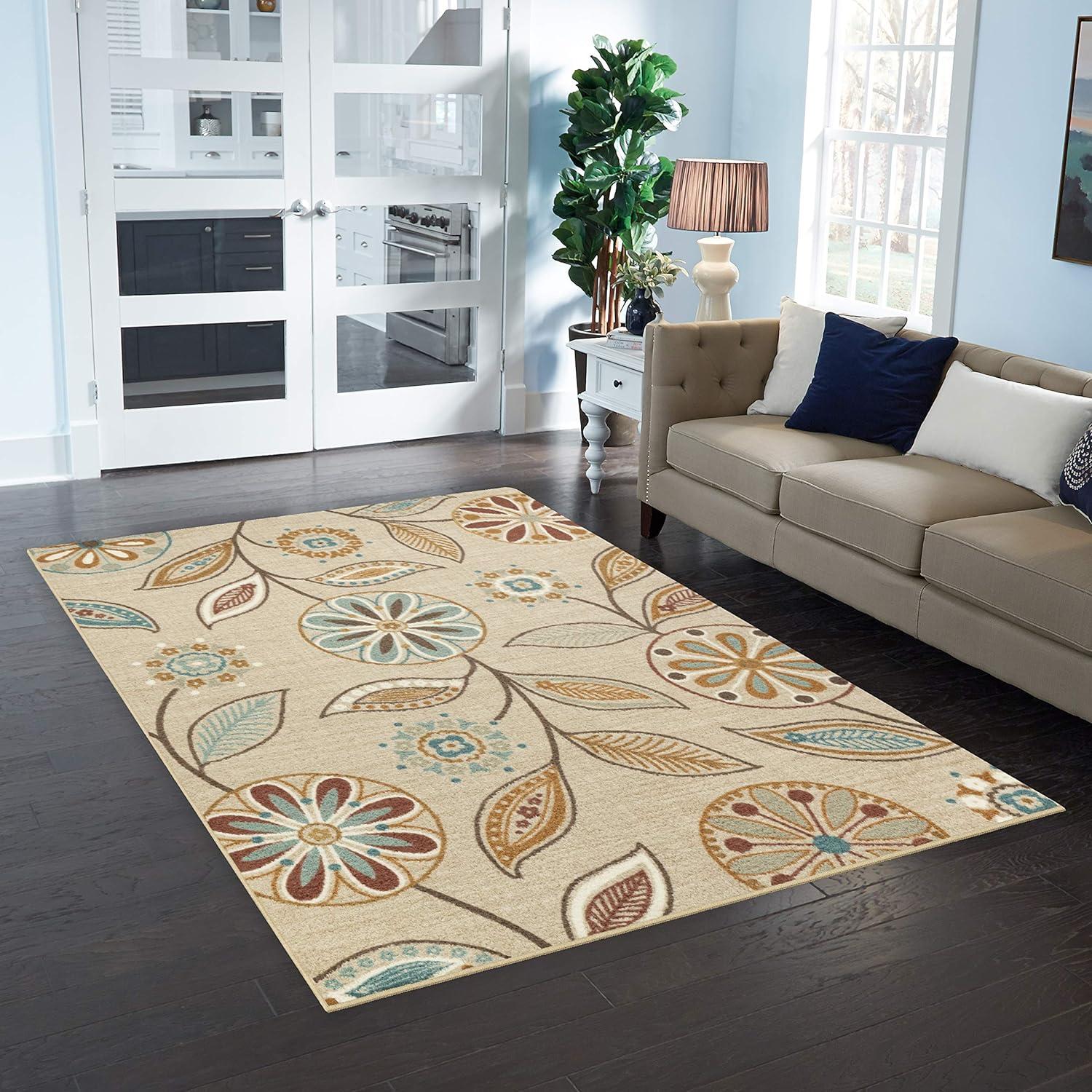 Elysian Beige & Green Floral Tufted 5' x 7' Synthetic Area Rug