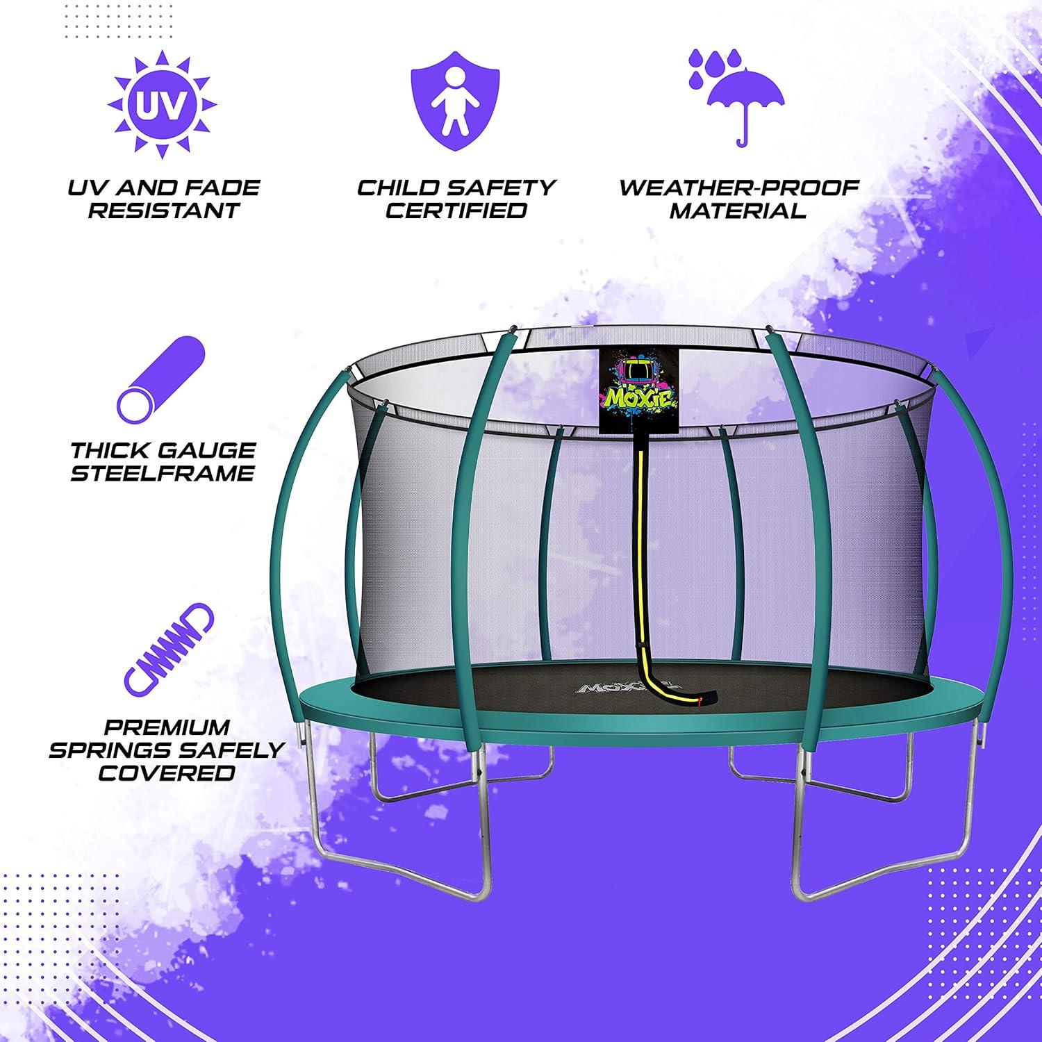 Machrus Moxie Pumpkin-Shaped Outdoor Trampoline Set with Premium Top-Ring Frame Safety Enclosure, 14 FT - Dark Green