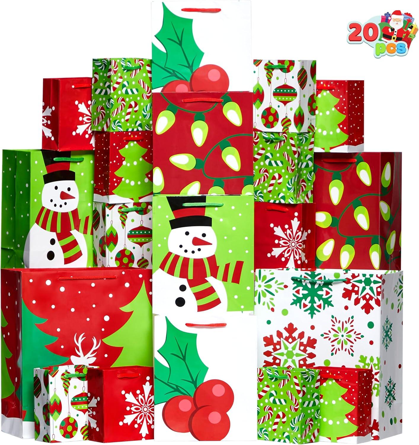 JOYFY 20pcs Christmas Gift Bags Assorted Sizes - Red Green White Gift Bags