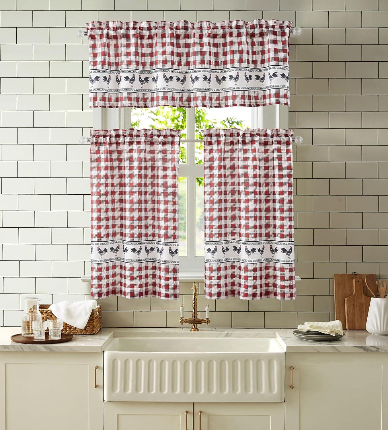 Red Gingham Rooster Print Polyester Kitchen Curtain Set