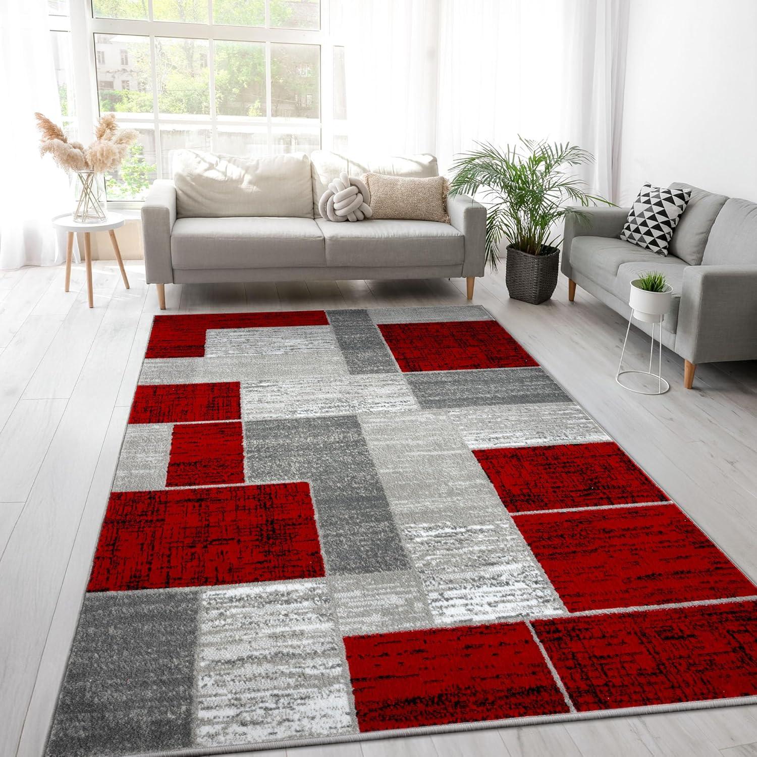 L'Baiet Verena Geometric Area Rug Red Grey 5' x 7' Medium Area Rugs Carpet for Living Room, Bedroom, Dining Table, Office, Hallway, Foyer | Neutral Colorful Modern Abstract Home Decor
