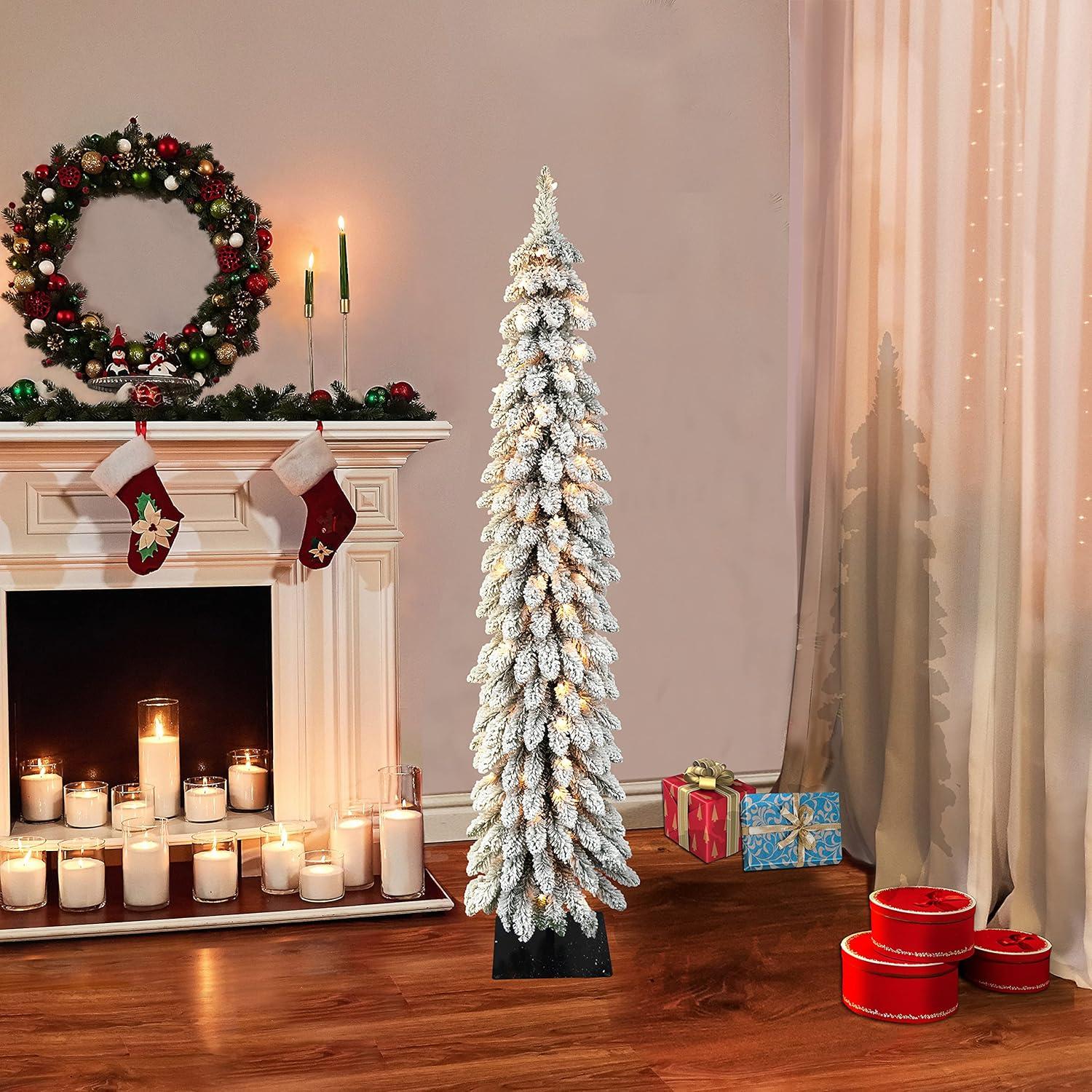 Pre-Lit 5' White Flocked Pencil Christmas Tree with Lights