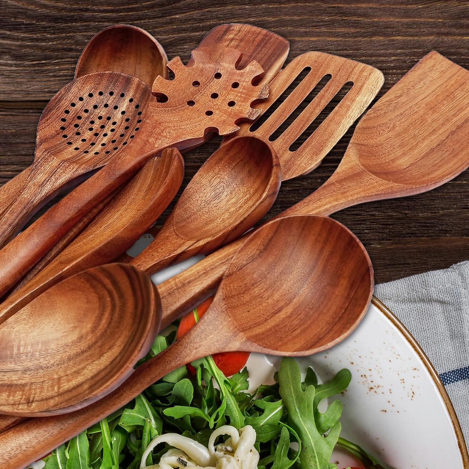 Wooden Spoons for Cooking, 10 Pcs Teak Wood Cooking Utensil Set ‚ Wooden Kitchen Utensils for Nonstick Pans & Cookware ‚ Sturdy, Lightweight & Heat Resistant