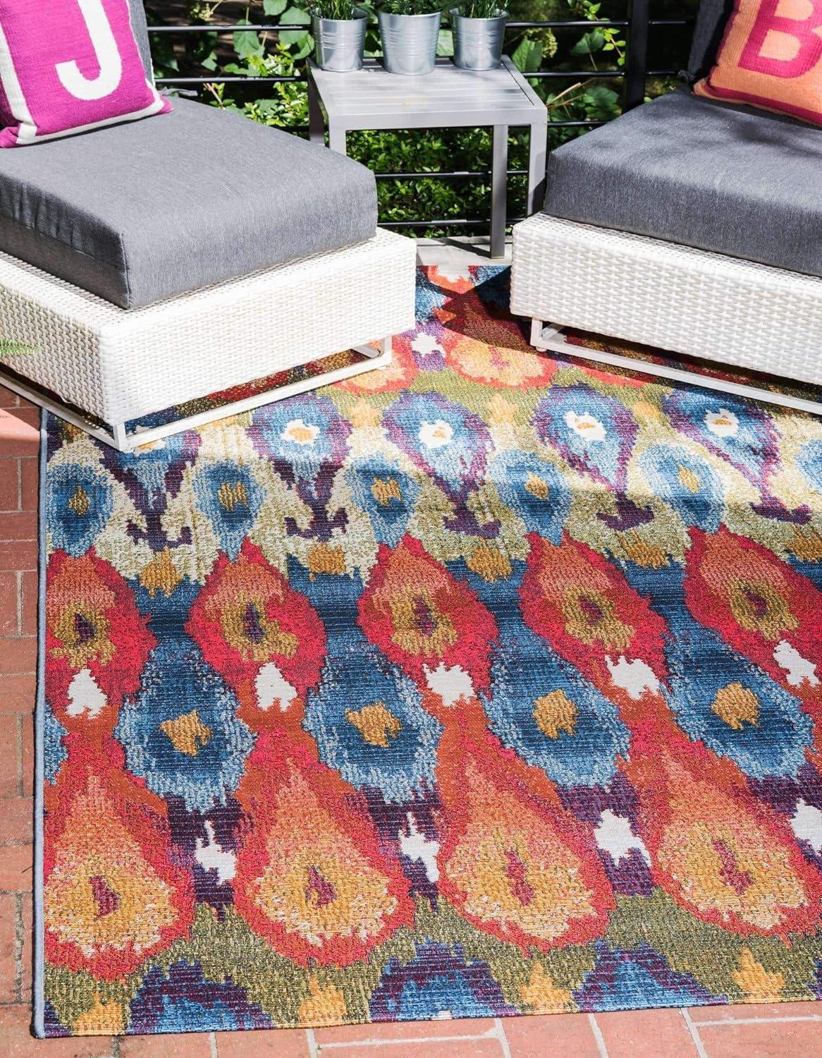 Unique Loom Ikat Indoor/Outdoor Modern Rug Multi/Burgundy 4' 1" x 6' 1" Rectangle Textured Ikat Traditional Flatweave Perfect For Patio Deck Garage Entryway