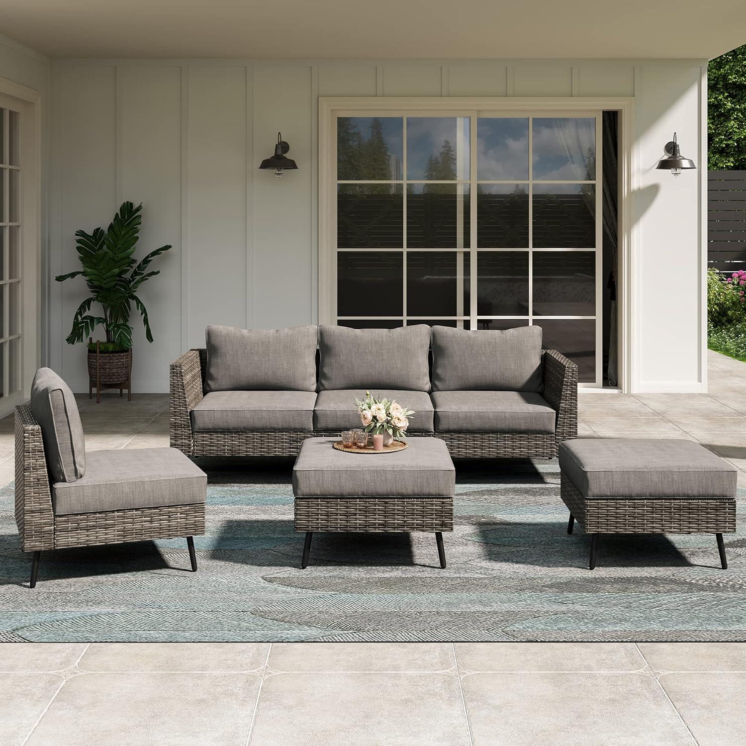 LAUSAINT HOME 6-Piece Patio Furniture Set, Outdoor Sectionals with 4 Chairs, 2 Ottomans and Plush Gray Cushions