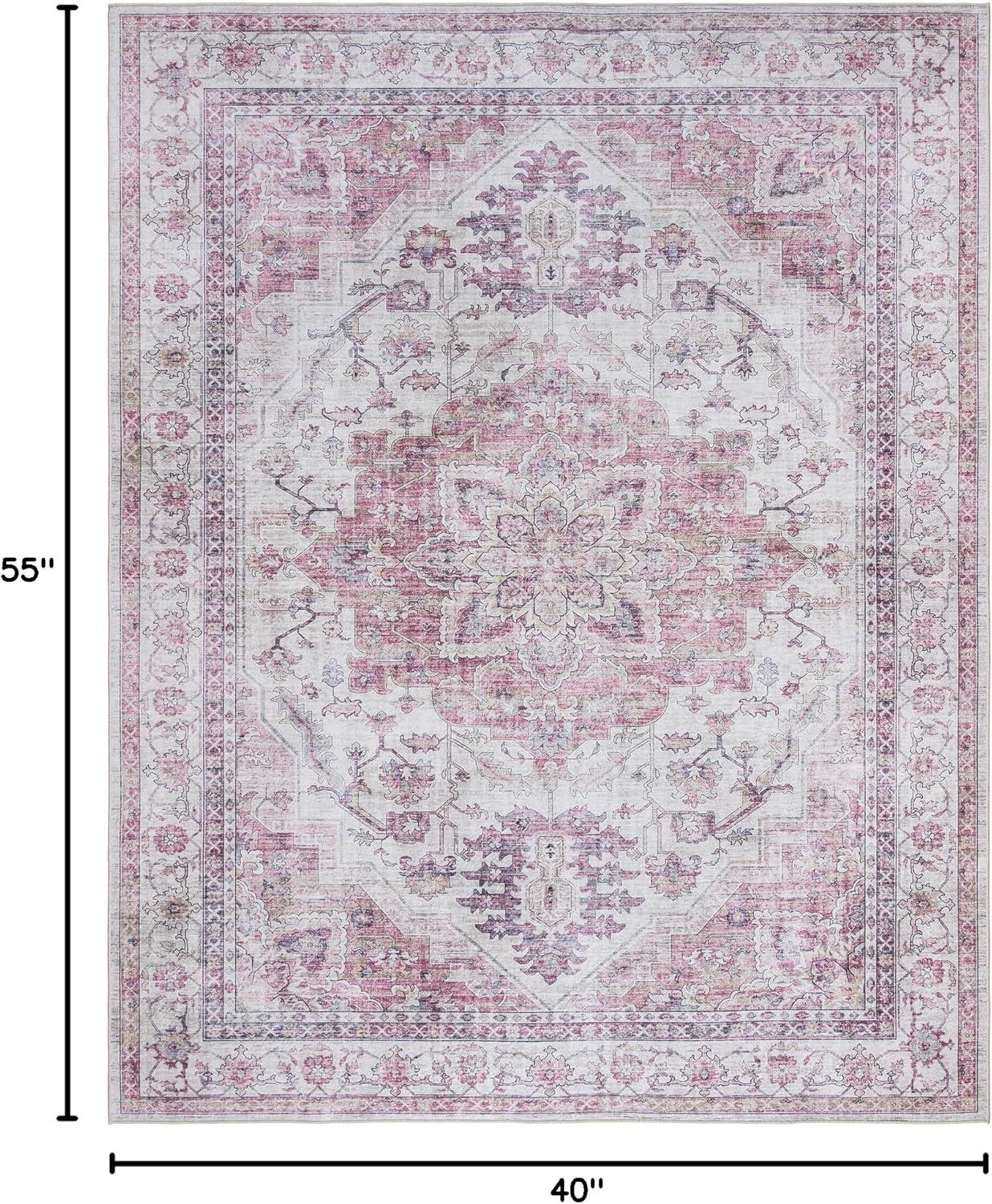 Gertmenian Crystal Print Tiefi Pink Ivory Multi Traditional Medallion Washable Flat Pile Indoor Area Rug