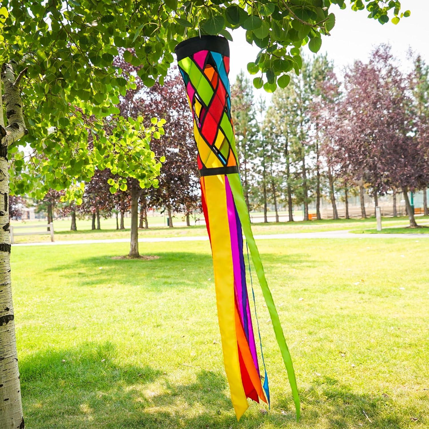 In the Breeze 5209 — Fiesta Diagonal Weave 40-inch Windsock — Colorful Lattice Windsock with Color-Coordinated Tails