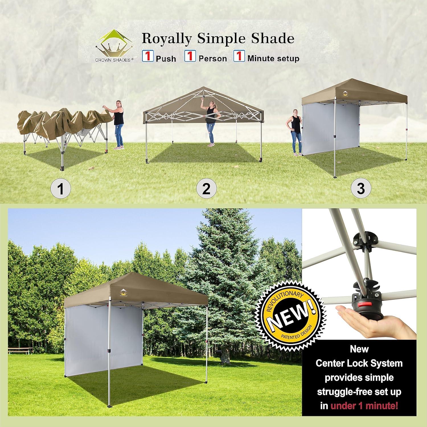 CROWN SHADES 8x8 Pop Up Canopy with 1 Side Wall - Beach Tent with One Push Setup - Outdoor Sun Shade for Events, Parties