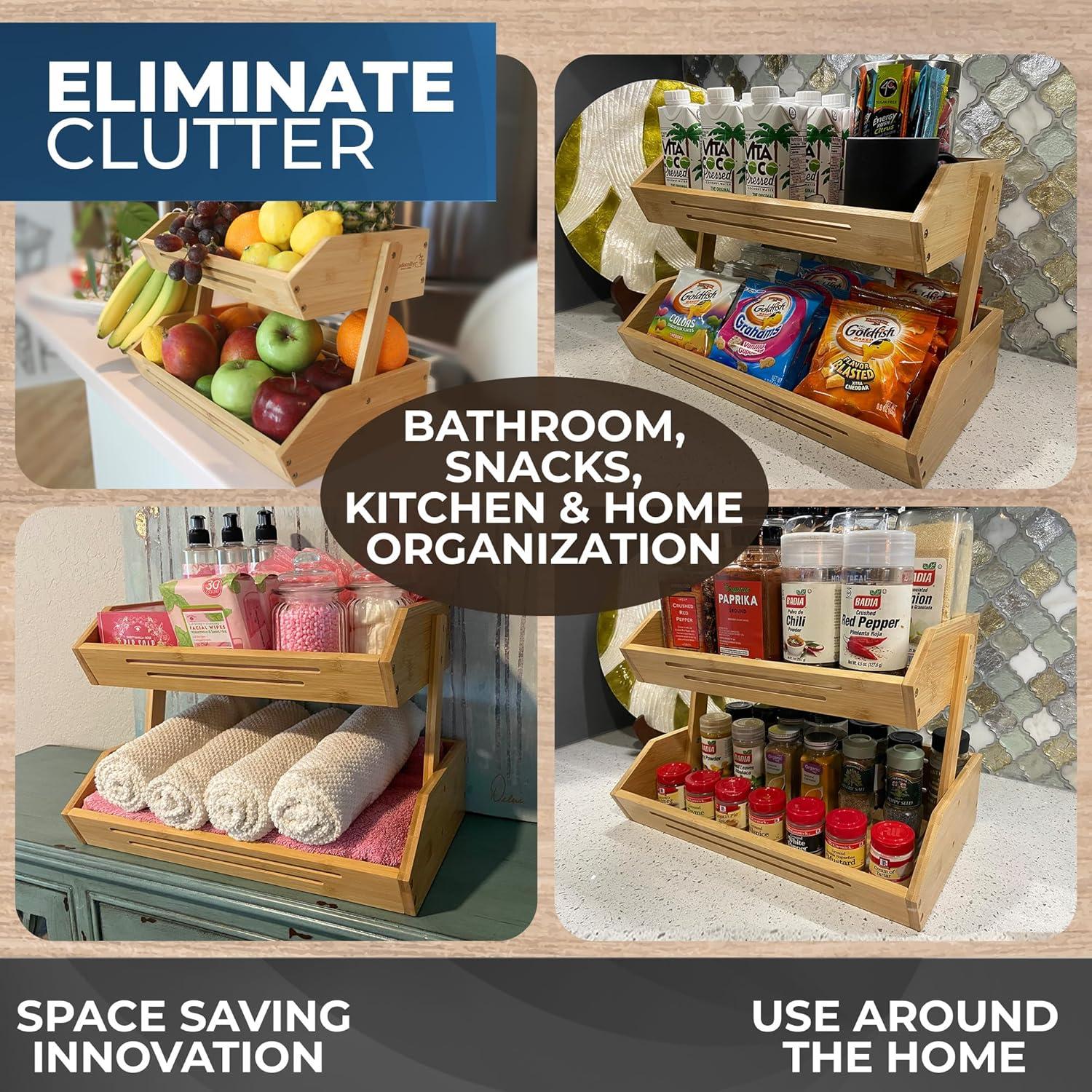 Foundry Select Fruit Basket W/Banana Hanger, 2-Tier Bamboo Fruit & Vegetable Storage Organizer For Kitchen Counter, Lightweight & Easy Assembly Countertop Fruit Stand Holder Bowl