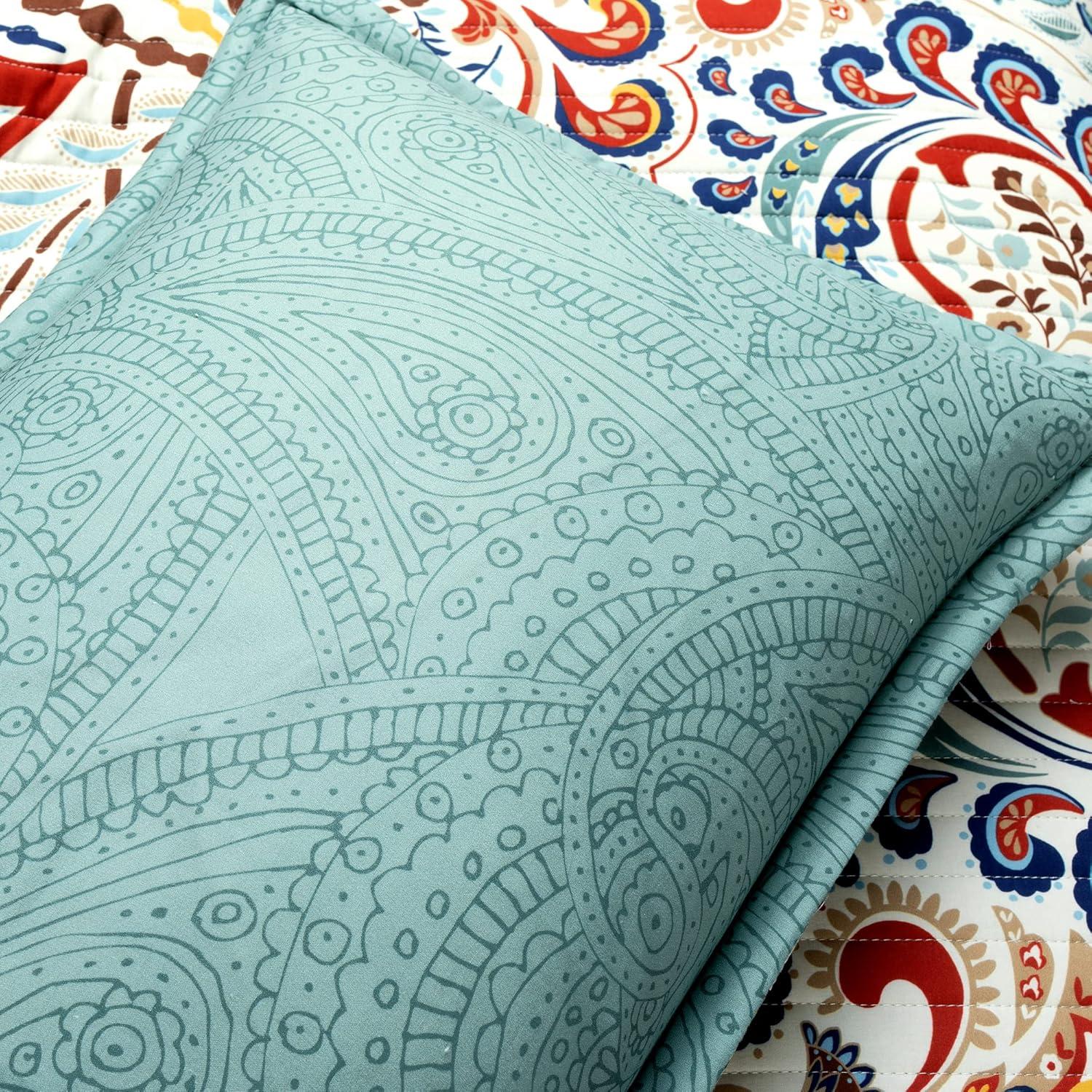 Lush Decor Boho Chic Reversible Oversized Cotton Quilt Seafoam/Red 3Pc Set Full/Queen