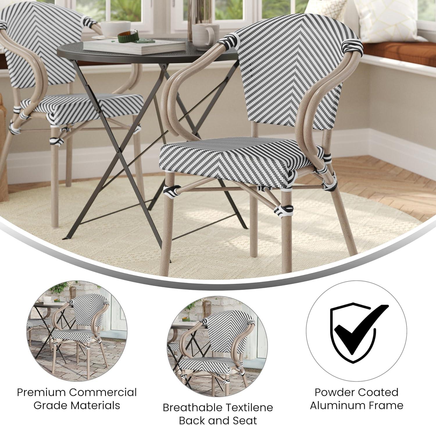 Flash Furniture Marseille Indoor/Outdoor Commercial Bistro Stacking Chair with Arms, Black/White Textilene & Bamboo Print Aluminum Frame in LT Natural