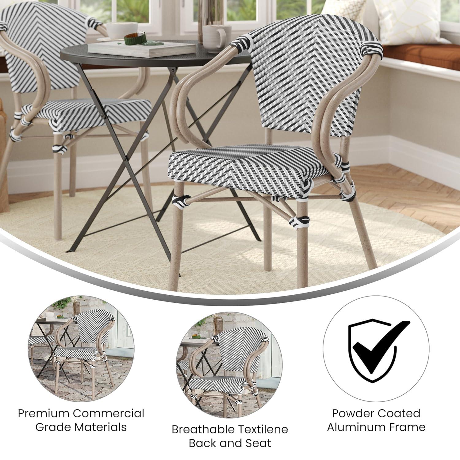 Flash Furniture Marseille Indoor/Outdoor Commercial Bistro Stacking Chair with Arms, Black/White Textilene & Bamboo Print Aluminum Frame in LT Natural