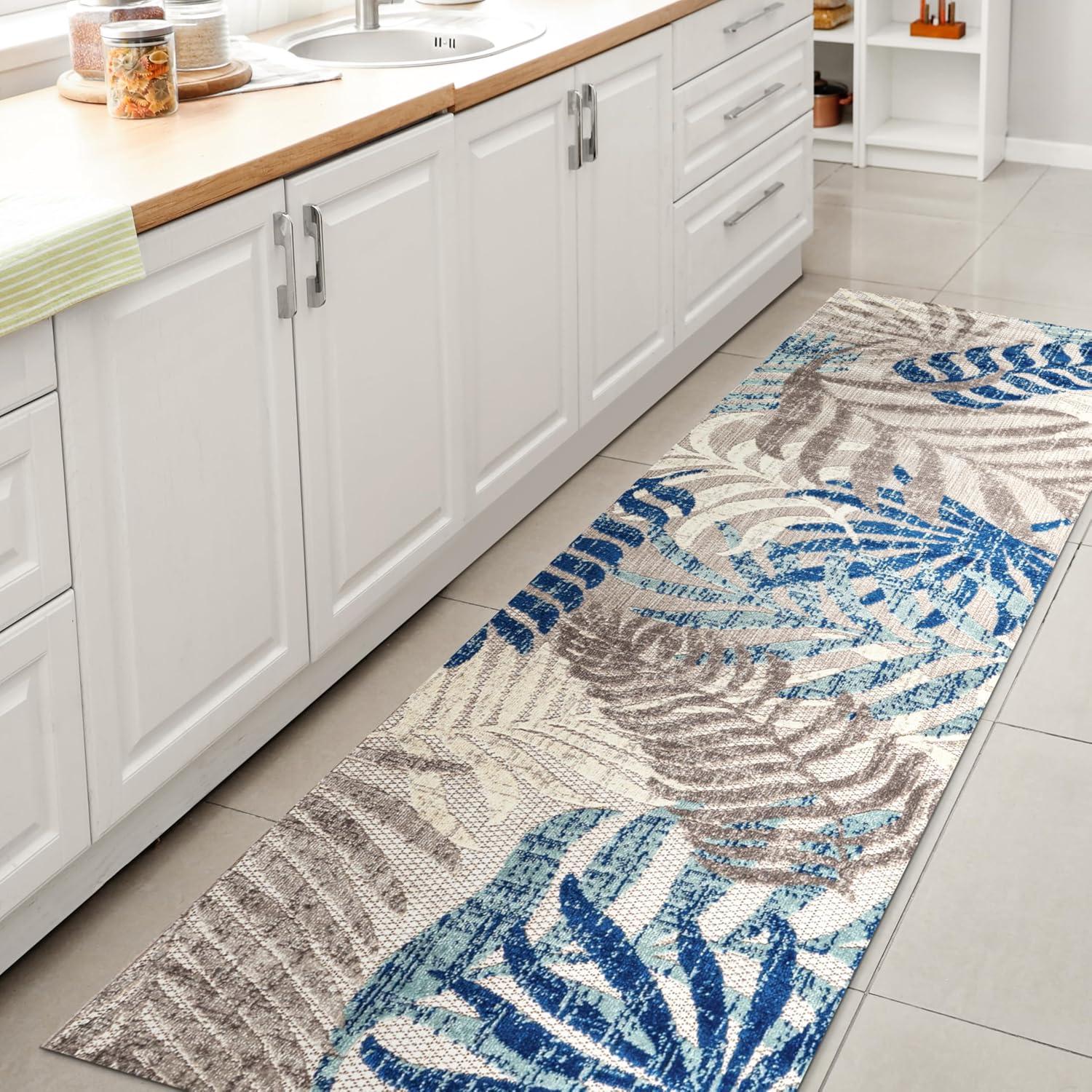 JONATHAN Y Tropics Palm Leaves Indoor/Outdoor Gray/Blue 2 ft. x 8 ft. Runner Rug