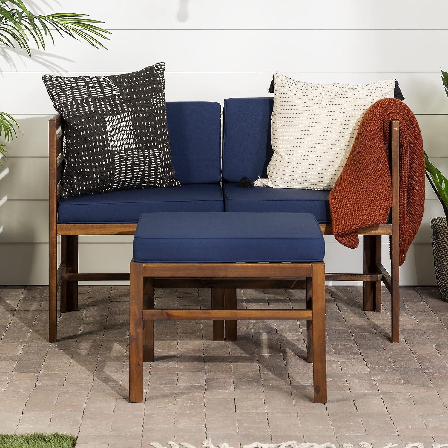 Sanibel Acacia Wood Outdoor Arm Chairs and Ottoman Set - Dark Brown/Navy