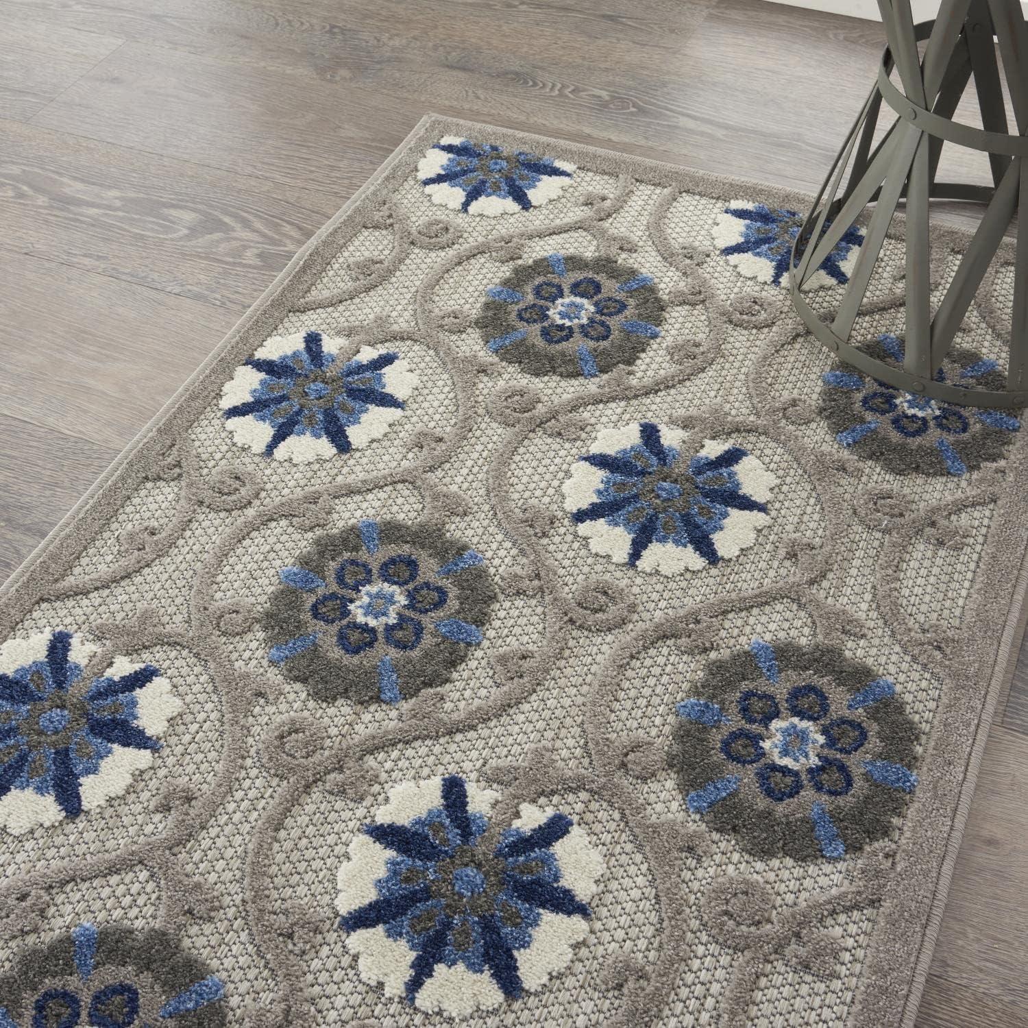 Nourison Aloha Contemporary Floral Flatweave High-Low Indoor Outdoor Area Rug Grey/Blue 2'8" x 4'
