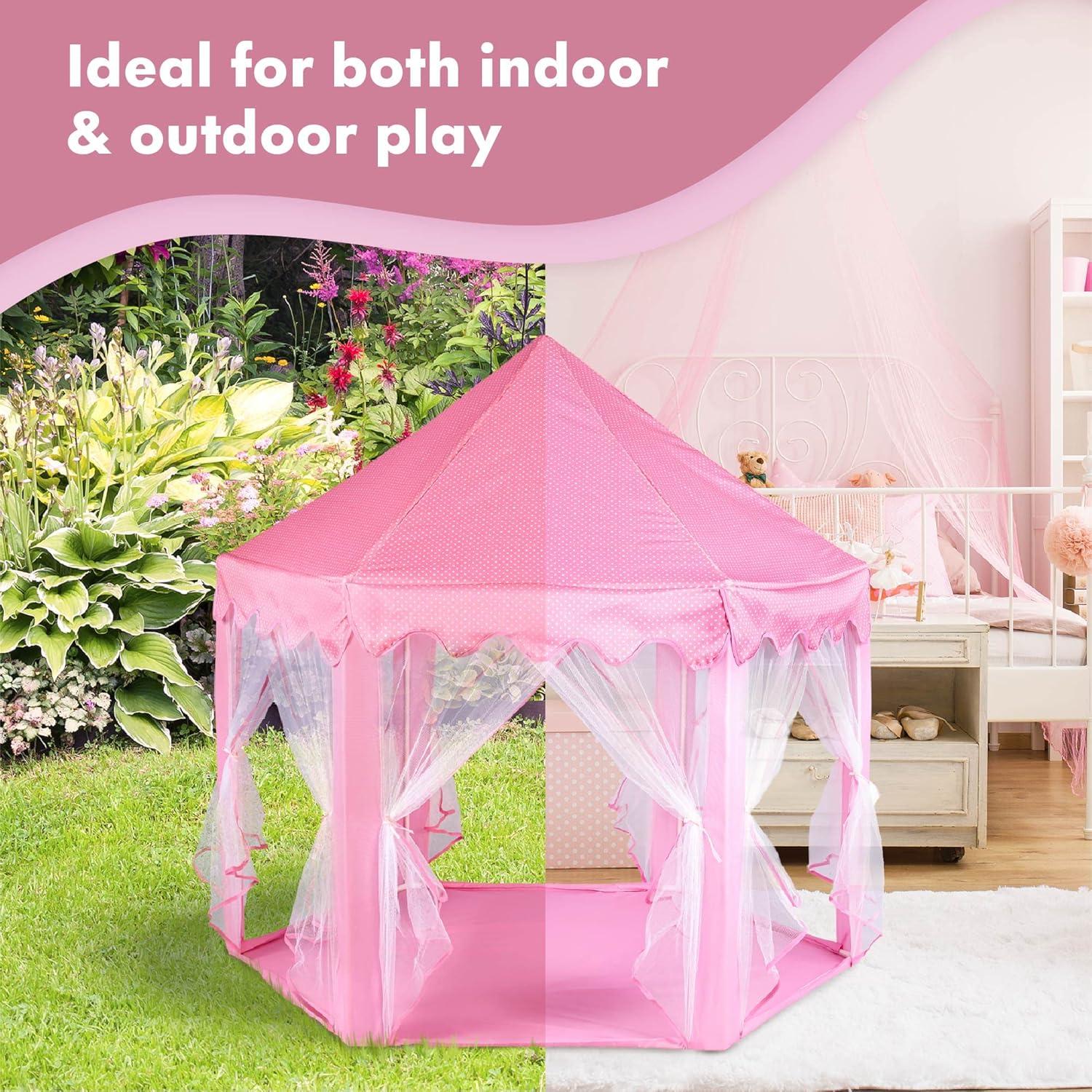 Twinkle Star 55"x 53" Princess Play Castle Tent with Ultra Soft Rug for Girls Playhouse Include Star String Lights and Banners Decor, Princess Tent, Kids Game House for Indoor Outdoor Game, Pink