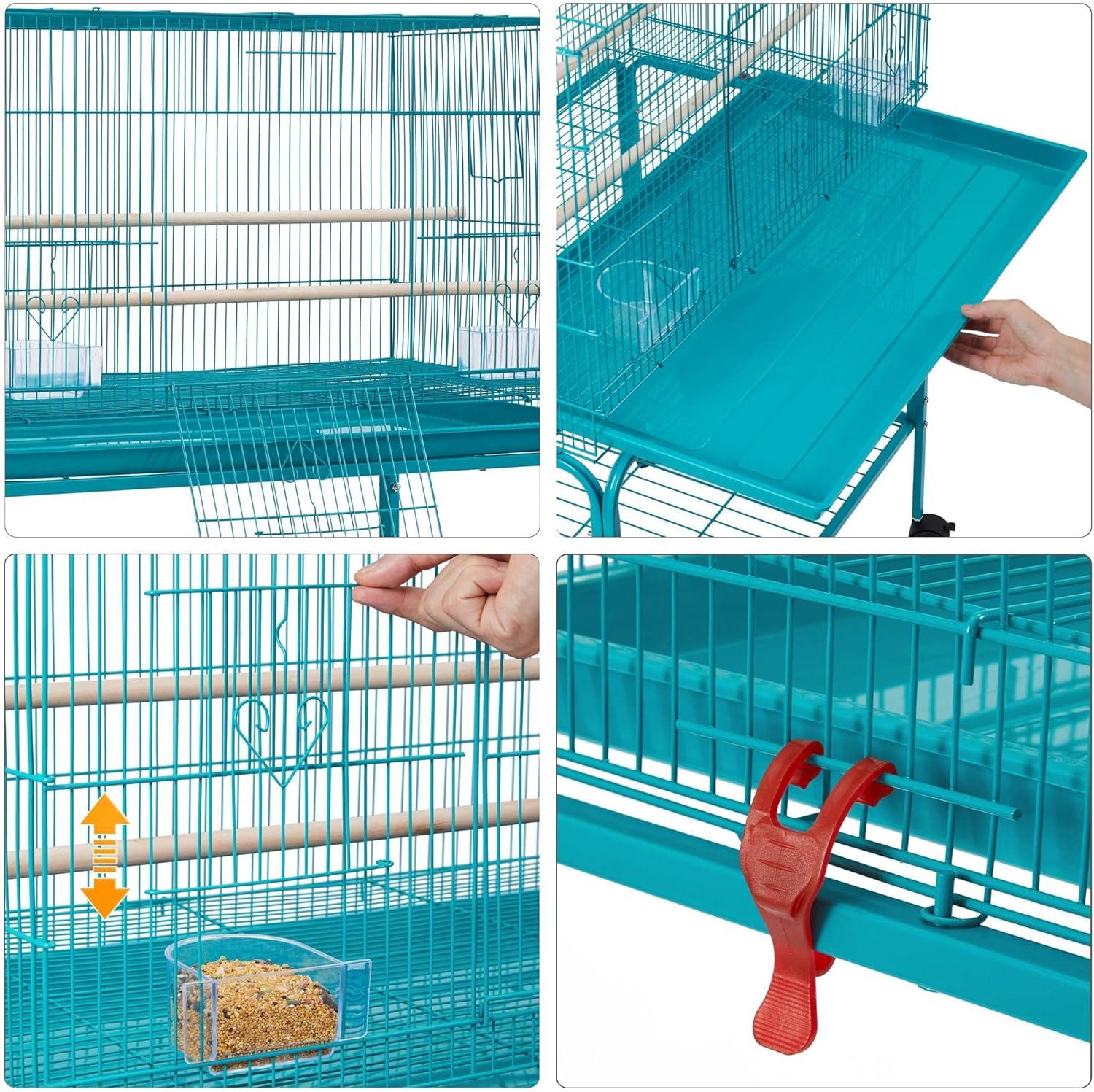 Teal Blue 47" Rolling Stand Flight Bird Cage with Slide-Out Tray