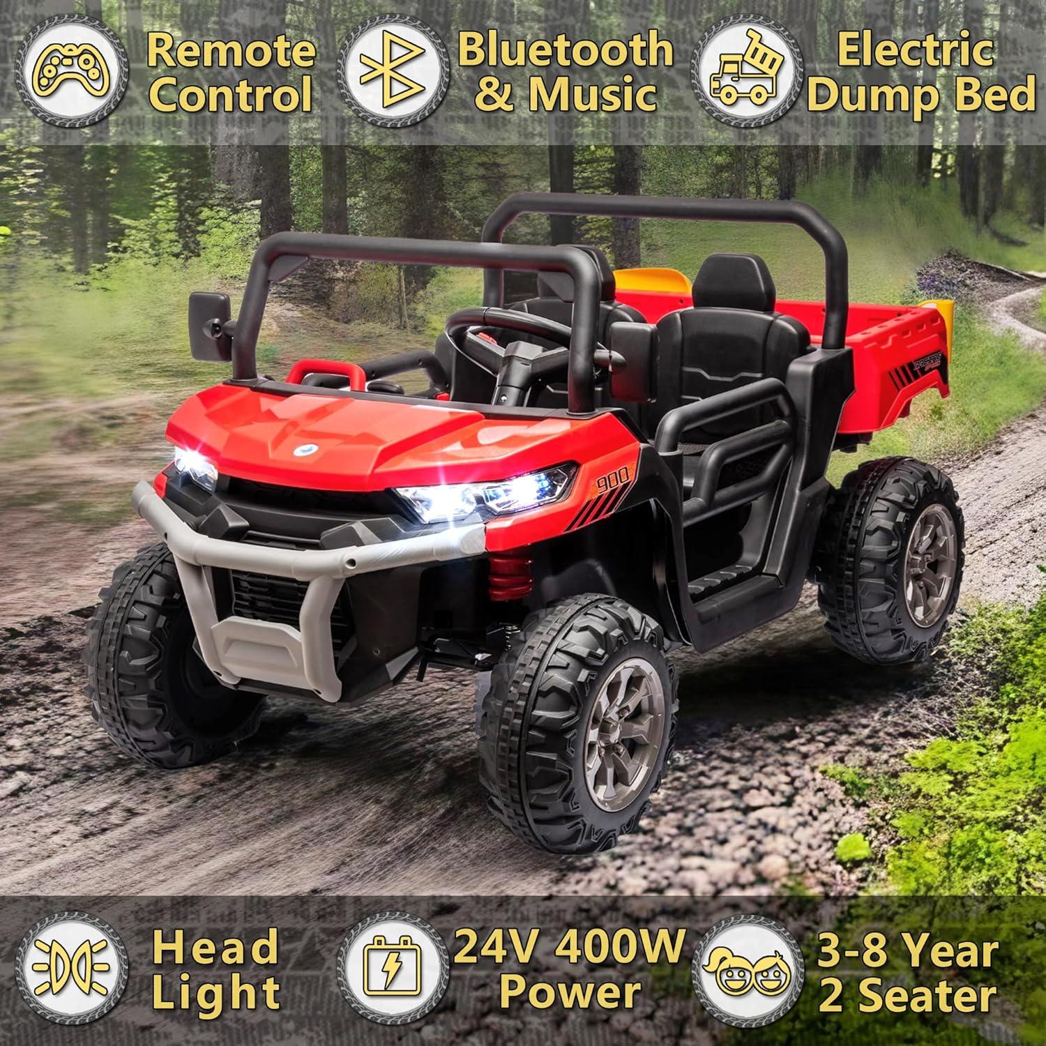 24V Kids Ride on Dump Truck with Remote Control, 2 Seater Powered 4-Wheel UTV Toys, 2x200W Ride on Tractor Car w/ Electric Dump Bed, Shovel, Bluetooth Music, Red