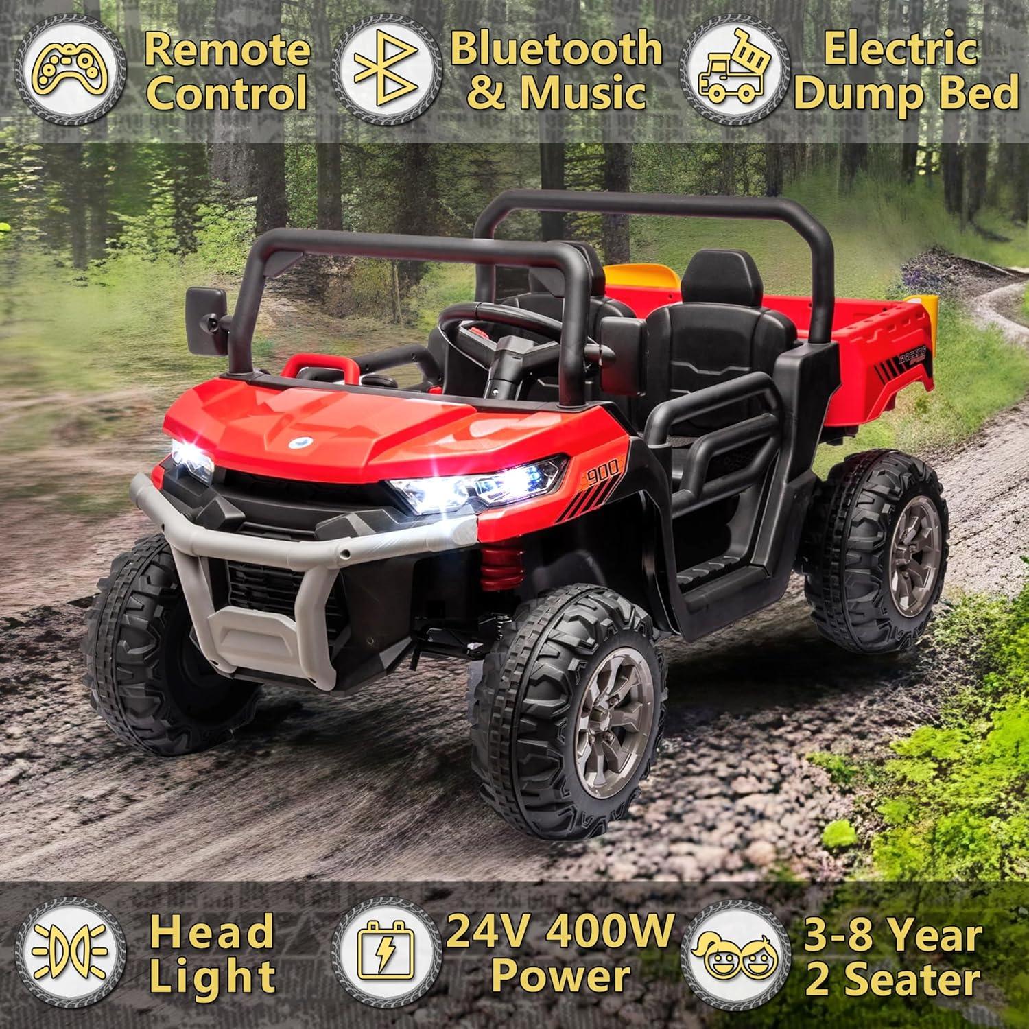 4 Wheels 24V Ride on Dump Truck Toys 2 Seater Kids Ride On UTV Car with Remote Control,Electric Dump Bed