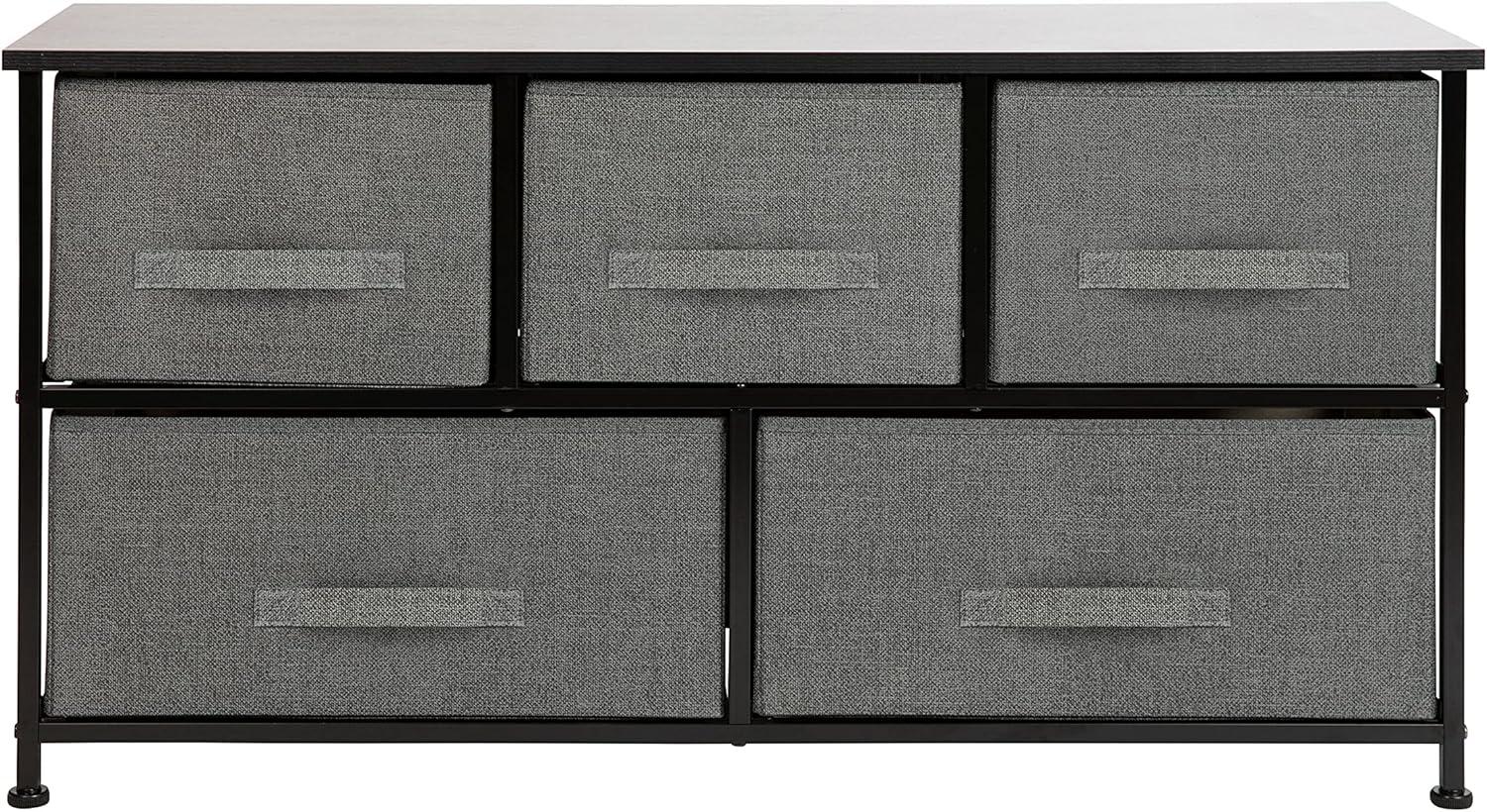 Flash Furniture 5 Drawer Wood Top Black Cast Iron Frame Vertical Storage Dresser with Dark Gray Easy Pull Fabric Drawers