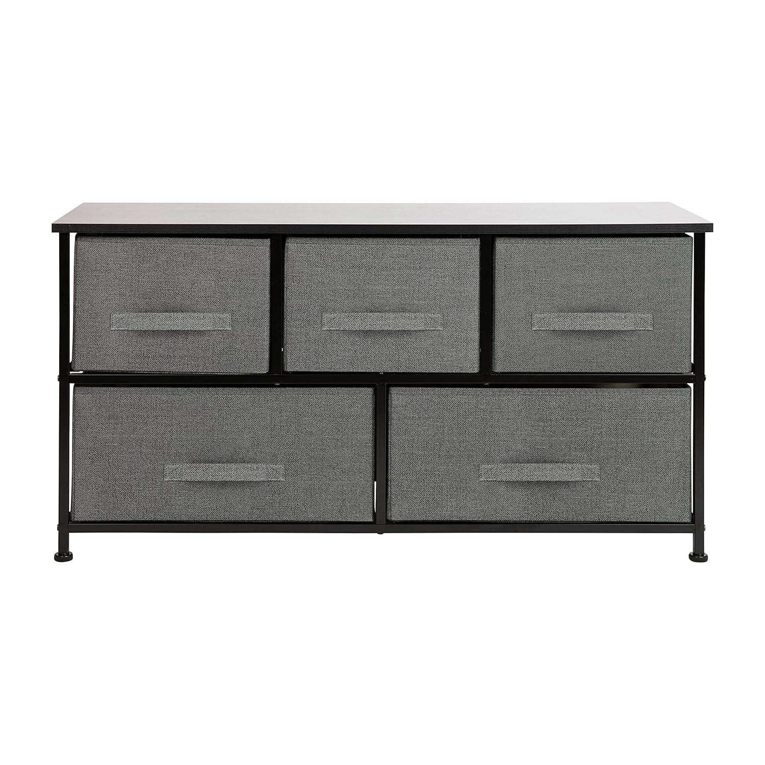 Flash Furniture 5 Drawer Wood Top Black Cast Iron Frame Vertical Storage Dresser with Dark Gray Easy Pull Fabric Drawers