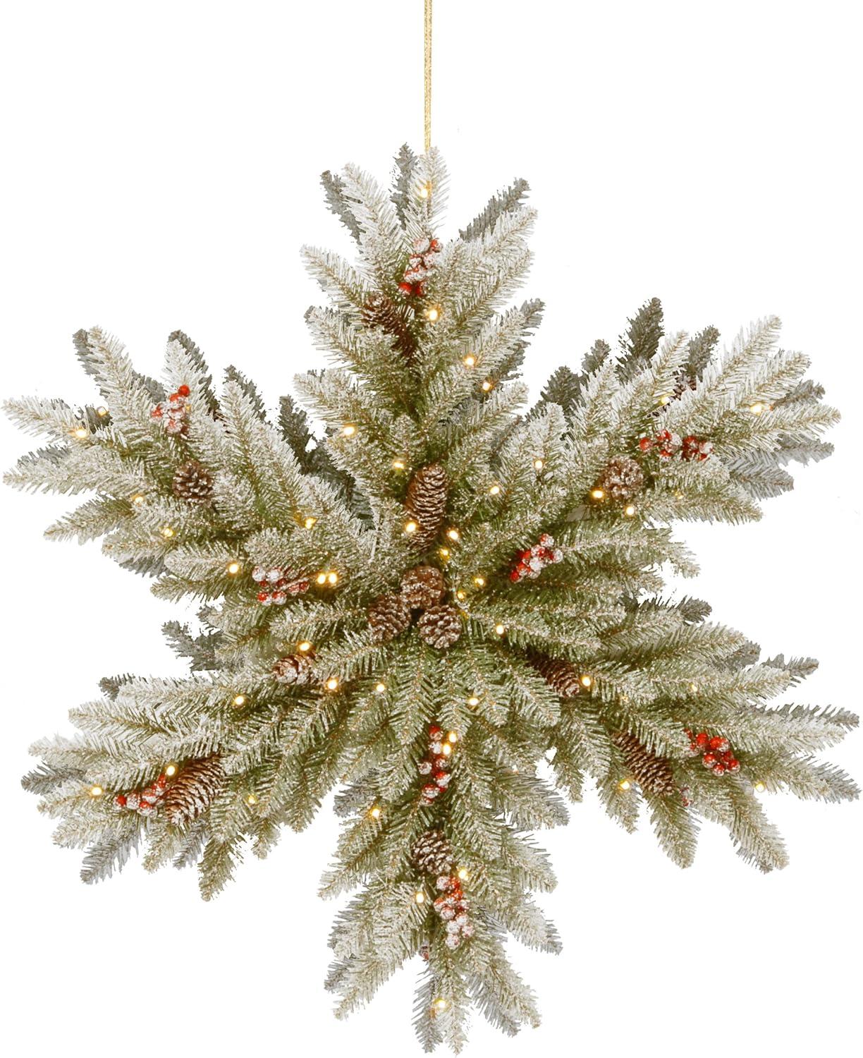 National Tree Company Pre-Lit Artificial Christmas Hanging Snowflake, Green, Dunhill Fir, with Pine Cones, Berry Clusters, Frosted Branches,32 Inches