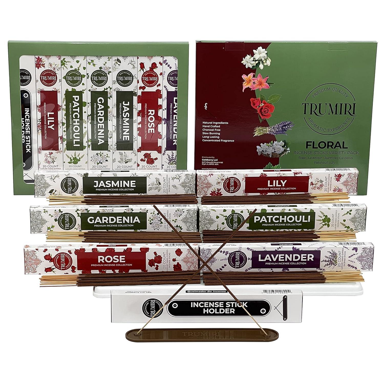 Trumiri Floral Incense Sticks Variety Pack & Incense Burner - Gift Set - 120 Inciensos Aromaticos (6 fragrances x 20 pieces each) - Rose, Lavender, Jasmine, Gardenia, Patchouli, Lily