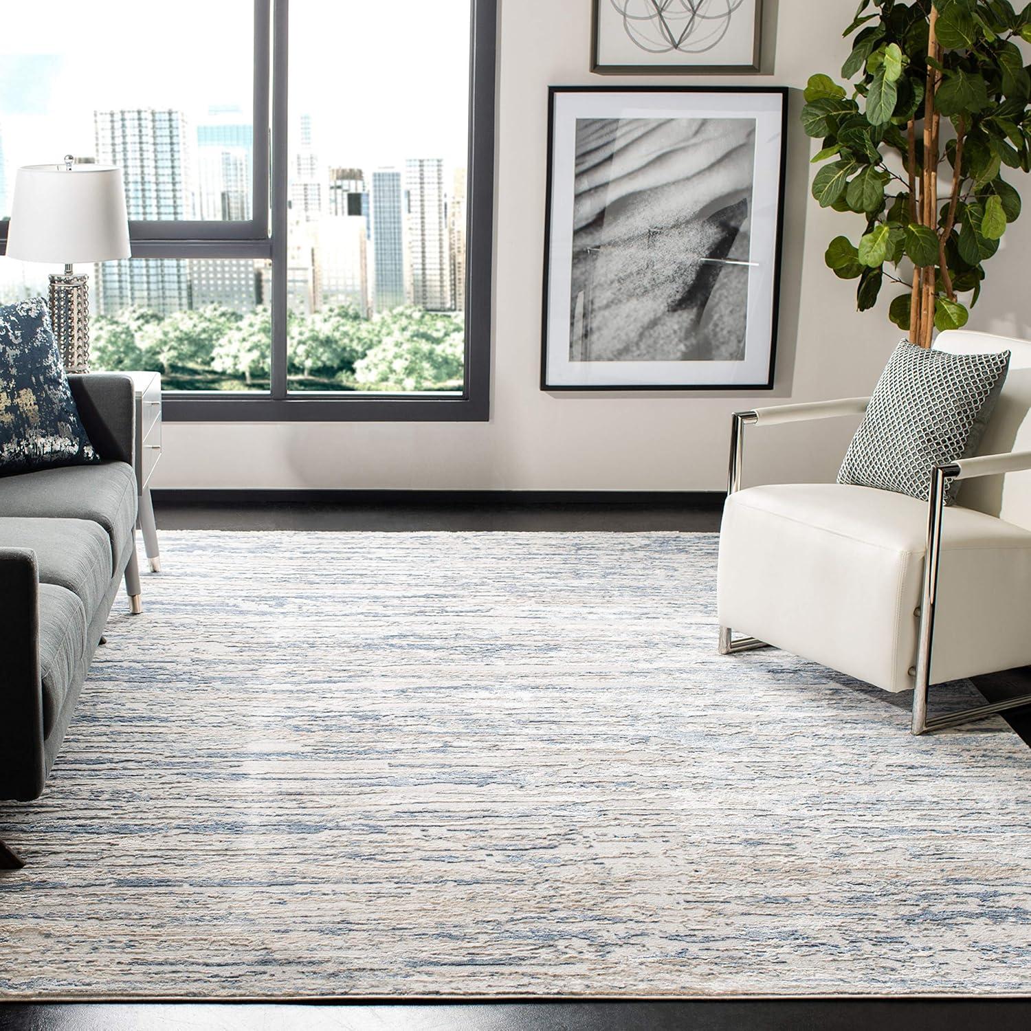 Amelia 9' Square Ivory and Blue Abstract Synthetic Rug