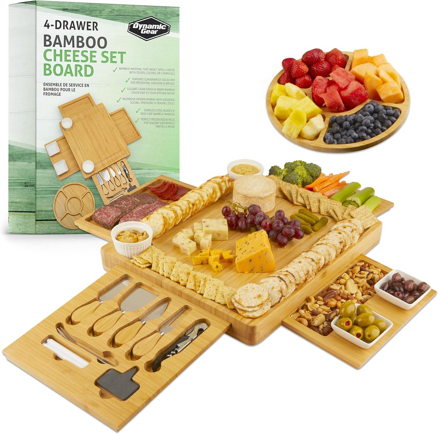 Dynamic Gear with Expandable Bamboo Cheese Board & Stainless Steel Serving Utensils,Brown