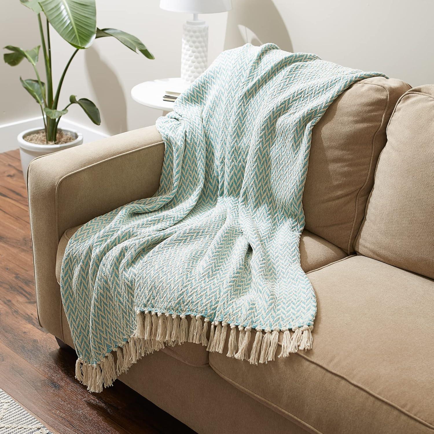 50"x60" Zig-Zag Throw Blanket Aqua - Design Imports: Lightweight Woven Cotton, Machine Washable