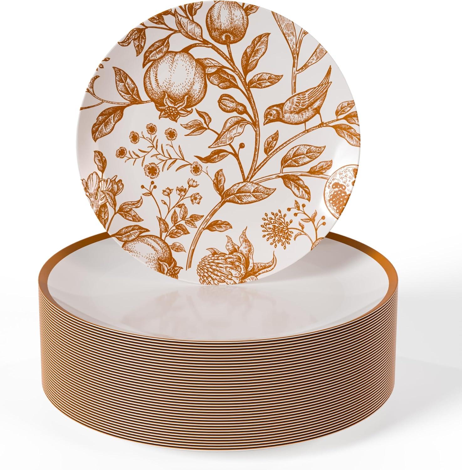 Trendables Plastic Disposable Plate Set 40 x 8" and 40 x 10" Brown and White Thanksgiving Plate with Pomegranate Design